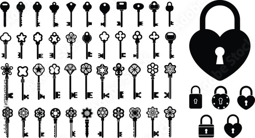 Vintage and modern key silhouette vector illustration, heart lock and padlock design collection, security and love concept icons for decorative, retro, and graphic projects