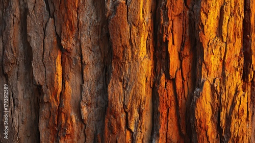 Flat lay of vertical tree trunk illuminated by warm golden hour sunlight, bark texture glowing softly with orange-gold tones