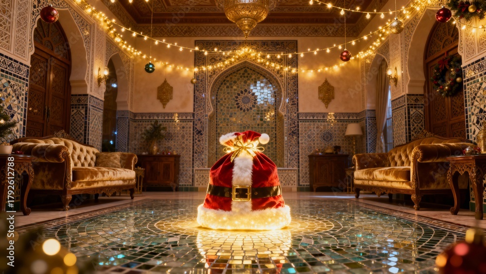 Fototapeta premium Santa’s Glowing Gift Bag in Middle Eastern Mosaic Room with Festive Christmas Lights”