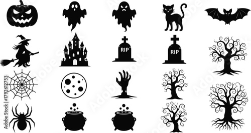 WebHalloween spooky silhouette vector illustration, pumpkin ghost witch cat bat haunted house spider web grave tree moon and cauldron icons collection for decoration design
