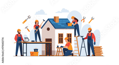 Dynamic construction team building a house, showcasing teamwork and skilled labor, symbolizing home improvement and property development projects now
