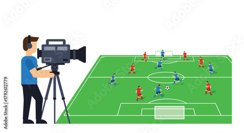 Captivating soccer action being filmed by a professional cameraman broadcasting live from the stadium during an exciting game, a winning goal coming soon
