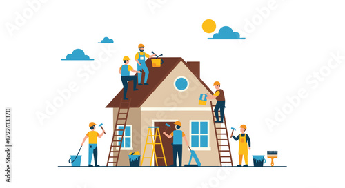 Skilled construction crew working together diligently to renovate and repair a residential home with tools and paint supplies
