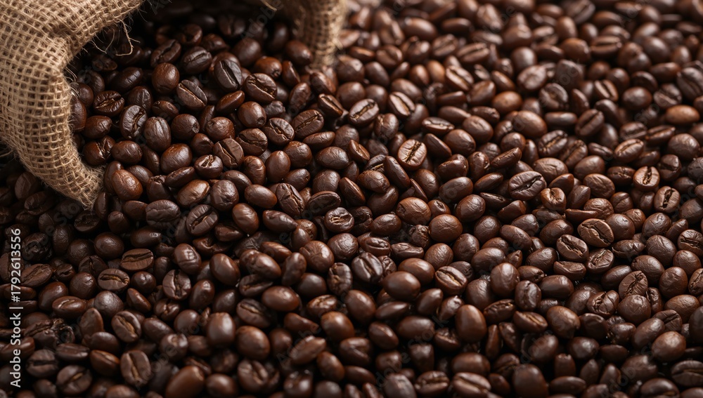 Fototapeta premium Brown Beans Cascade, with a Jute Sacks Edge, Forming a Dense and Textured Field.