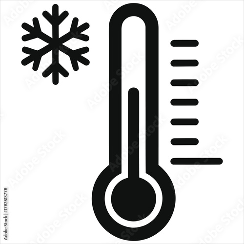 Minimalist Winter Thermometer Vector Icon – Flat Black Cold Temperature Gauge with Snowflake, Isolated Low Temp Measurement Symbol for Seasonal Weather Design (Monochrome, White Background)