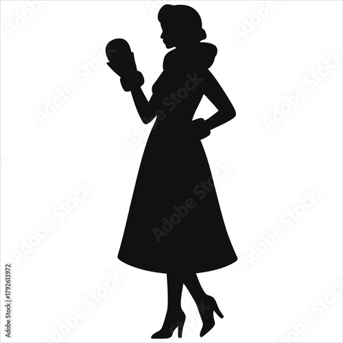 Minimalist Black & White Vintage Woman Silhouette in Winter Dress With Muff Handwarmer – Winter-Themed Vector Illustration for Cold Season Fashion, Decor & Design Projects