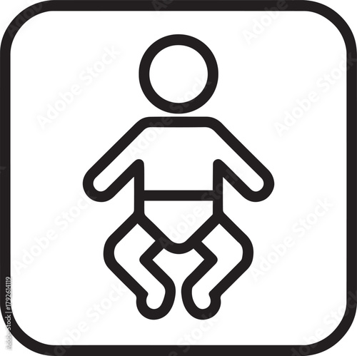 A minimalist black and white outline icon of a baby wearing a diaper, enclosed within a rounded square border.