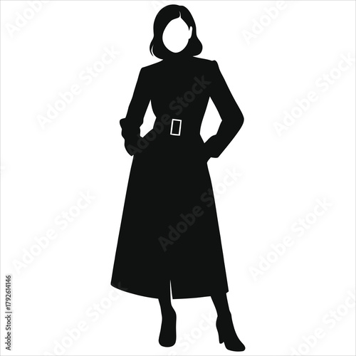 Elegant woman in long winter coat silhouette. Vector illustration of a stylish female model in fashion outerwear. Minimalist black and white art for design projects.