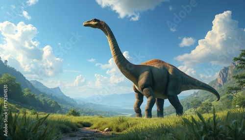 Giant dinosaur stands in grass vale. Landscape with prehistoric creature, blue sky. Long neck reptile walk outdoors. Evolution era scene. Animal in wild nature park. Jurassic landscape with dinosaur.