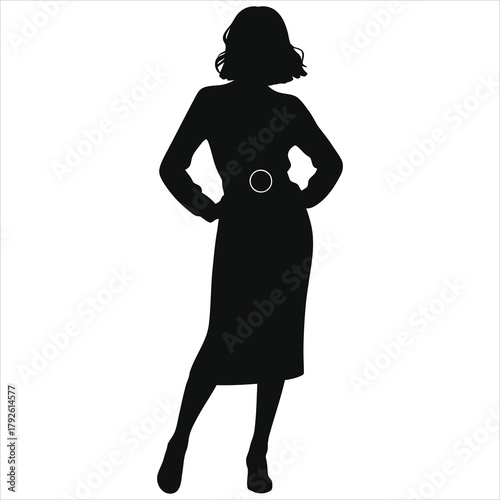 Elegant Winter Wool Knit Dress Silhouette Vector: Stylish Female Figure in Belted Midi Outfit, Black Outline Illustration for Fashion Design, Seasonal Apparel Graphics, Cozy Knitted Attire Pose Icon