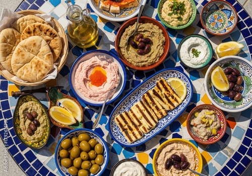 Traditional cypriot or greek mezze platter with various dips and grilled halloumi cheese