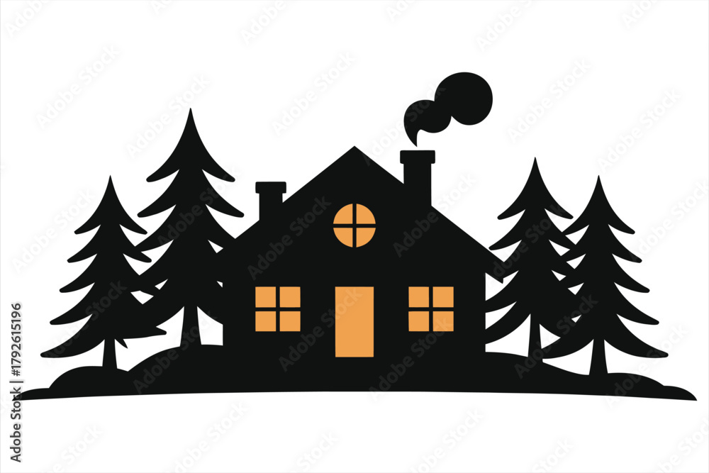 Obraz premium Cozy Cabin Glowing in Winter Night Vector - Snowy Pine Forest, Warm Lit Rustic Cabin with Glowing Windows, Holiday Season Illustration | Minimalist Flat Design, Festive Scene, Winter Wonderland Art