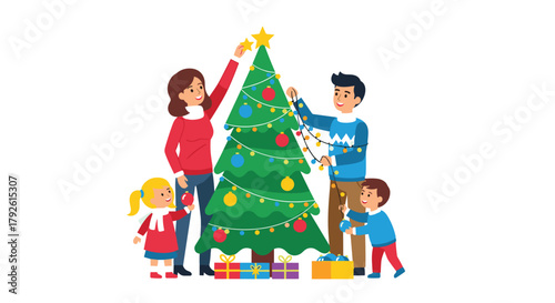 Joyful family decorates a vibrant Christmas tree together with festive ornaments and presents, creating cherished holiday memories