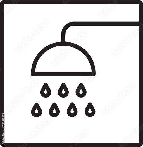A minimalist line drawing of a shower head with water droplets falling from it, enclosed in a square frame.