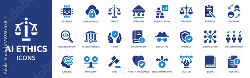 Ai Ethic - Icon Collection. Thin Line Set contains such Icons as justice, balance, fairness, integrity, trust, honesty, respect, responsibility, transparency, equality and more. Simple web icons set.