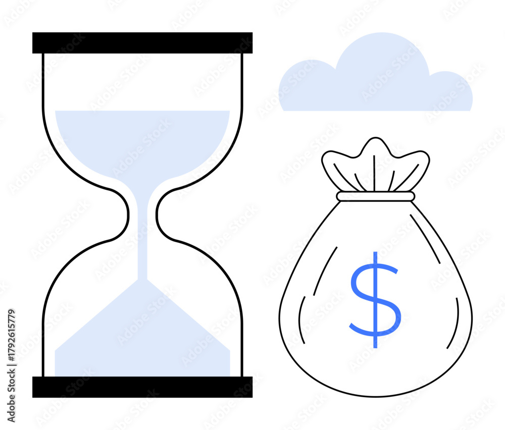 Fototapeta premium Hourglass with flowing sand beside a money bag and cloud. Ideal for time management, investment, finance, wealth, savings, deadlines, productivity themes. Simple flat metaphor