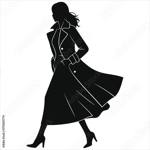 Stylish woman silhouette walking in long trench coat and dress. Vector illustration of elegant fashion female model wearing winter outerwear and high heels. Black isolated figure on white.