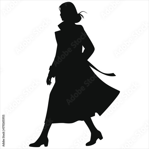 Stylish Winter Fashion Silhouette: Woman in Long Trench Coat, Elegant Dress & Boots, Minimalist Vector Art, Chic Cold Weather Outfit, Fashionable Black & White Illustration for Designers
