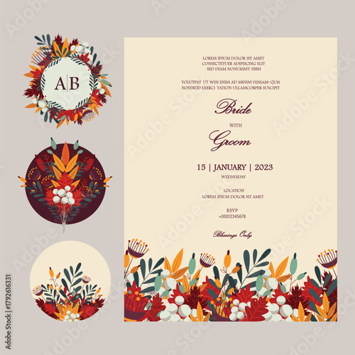 Vector Ornate Vertical Wedding Invitation and Stickers in Fall color palette. Template for Wedding Invitations, stickers, seals, name initials, name tags, floral frames etc with place for texts.