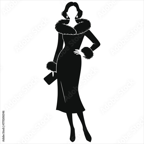 Elegant Fur-Trimmed Winter Holiday Party Dress Woman Silhouette Vector Illustration for Fashion, Seasonal, Xmas and New Year Design