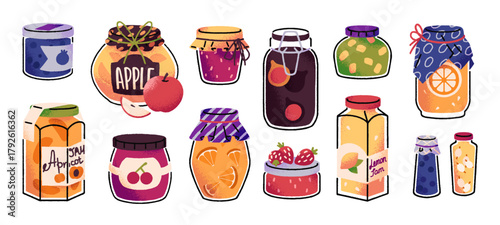 Set of jam jars. Closed glass bottles of preserved berries and fruit. Homemade marmalade of strawberry, apple, orange, apricot. Conserved food. Flat isolated vector illustrations on white background.