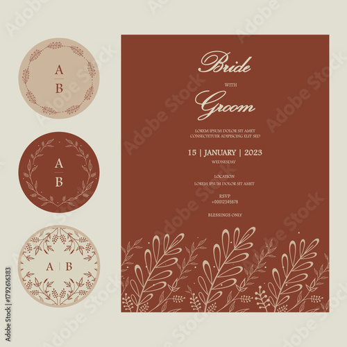 Vector Ornate Vertical Wedding Invitation and Stickers in Fall color palette. Template for Wedding Invitations, stickers, seals, name initials, name tags, floral frames etc with place for texts.