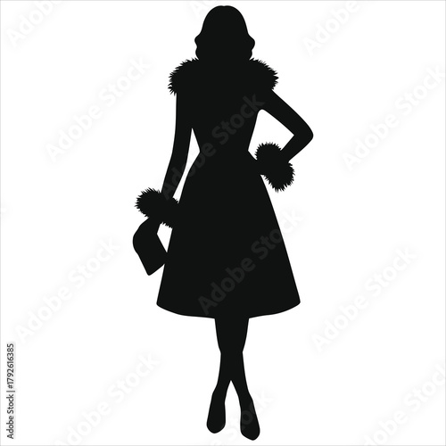Elegant Winter Fashion Silhouette of Woman in Fur-Trimmed Holiday Party Dress Holding Clutch – Stylish Vector Illustration for Christmas, New Year Events, Seasonal and Festive Themes