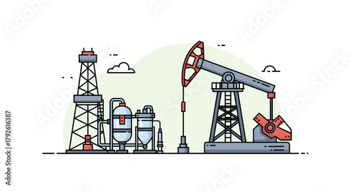 Dynamic oil rig and pumpjack illustration symbolizing energy extraction and industrial power in a modern, clean design