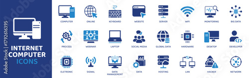 Internet Computer - Icon Collection. Thin Line Set contains such Icons as internet, web, globe, network, wifi, router, modem, cloud, online, connection, browser, search and more. Simple web icons set.