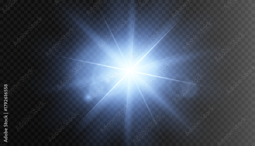 Fototapeta premium Blue glow effect. Starry lens flares with shimmering highlights. Bright blue light effect.