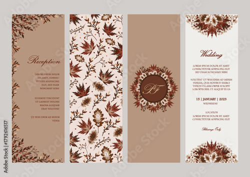 Vector Ornate Vertical Invitation in Fall color palette. Template for invitation card, wedding invitation, name tag, thank you message, bookmark, menu, label, banner etc with place for texts.