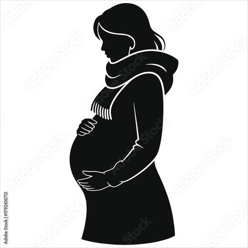 Pregnant woman silhouette vector. Expectant mother in winter coat and scarf holding belly. Maternity, pregnancy, and motherhood concept icon. Black and white illustration isolated on white.