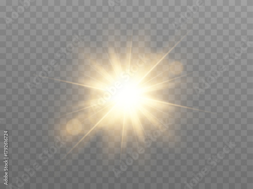 Sunlight with glare effect on transparent background. Superimposition of light, sun rays, transition, light, lens, glare in sunlight with light glare .