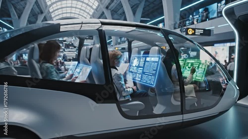 People traveling through a modern airport terminal using autonomous electric vehicles and holographic interfaces, showcasing smart city mobility, efficiency, and futuristic public transport