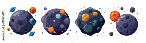 Colorful cartoon planets, asteroids, and celestial bodies in deep space