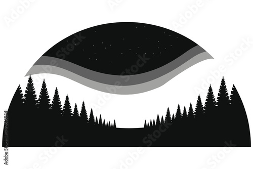 Northern Lights vector illustration over snowy pine forest silhouette. Monochromatic Aurora Borealis winter landscape night sky with stars in semi-circle badge shape for outdoor adventure design.