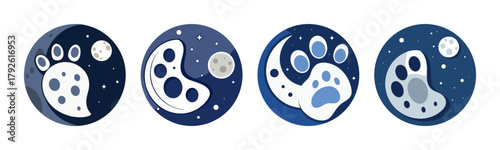 Celestial paw print and night sky illustrations set with moon and stars