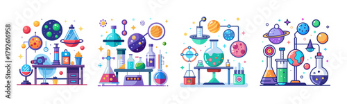 Science and space exploration research lab setup with cosmic elements