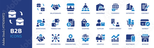 B2B - Icon Collection. Thin Line Set contains such Icons as business, partner, deal, contract, agreement, collaboration, network, corporate, client, vendor, supplier and more. Simple web icons set.
