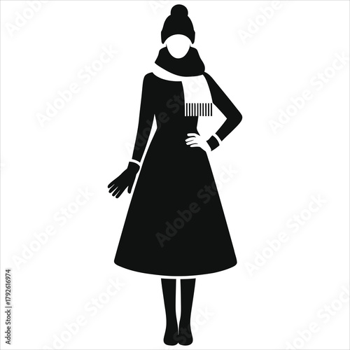 Minimalist Winter Fashion Woman Vector Silhouette with Hat, Scarf & Gloves. Elegant Cold Weather Outfit Icon.