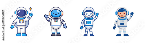 Four adorable cartoon astronauts in blue and white space suits waving