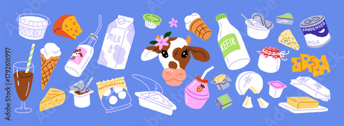 Set of dairy products. Pack of cow milk, cottage cheese, butter, bottle of yogurt, ice and sour cream, milkshake. Healthy nutrition, farm food, diet with lactose. Flat isolated vector illustrations.