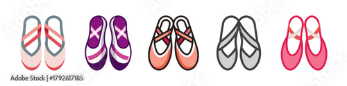 Collection of five colorful ballet shoes in various styles and colors