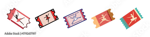 Collection of five colorful ballet performance tickets with dancing figures