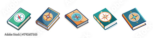 Illustrated books with compasses symbolizing education, travel, and guidance.