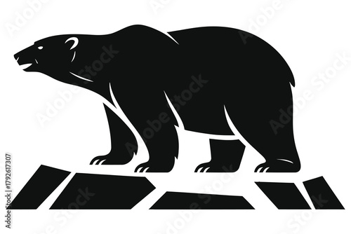 Polar bear silhouette standing on ice floe vector illustration. Black and white Arctic animal logo design template. Wild predator icon on iceberg. Minimalist winter nature symbol. Endangered species
