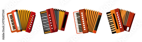 Various colorful accordions vector illustration set. musical instrument.
