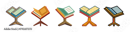 Set of five cartoon open books on wooden stands for reading and study