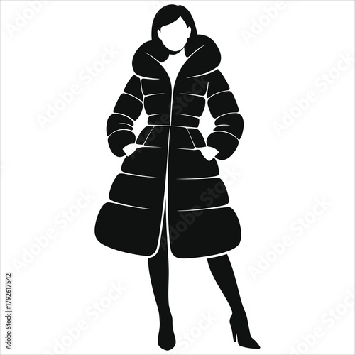 Black Silhouette Vector Icon of a Women's Puffer Winter Dress or Long Quilted Coat. Modern insulated fashion apparel outline for cold weather clothing design.