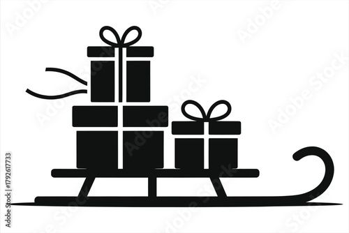 Christmas sled with gift boxes silhouette vector illustration - black winter sledge carrying presents with bows, minimalist holiday icon for Santa sleigh, seasonal delivery, festive isolated on white